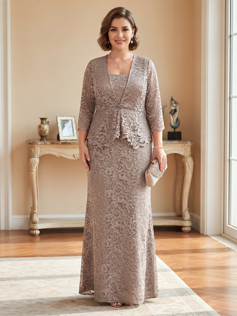Sheath/Column Square Neck 3/4 Sleeves Lace Floor-Length Plus Size Mother of the Bride Dresses with Jacket