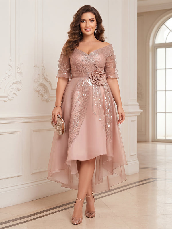 A-Line/Princess V-Neck Half Sleeves Satin Asymmetrical Plus Size Mother of the Bride Dresses with 3D Flower & Sequins