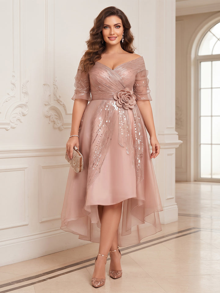 A-Line/Princess V-Neck Half Sleeves Satin Asymmetrical Plus Size Mother of the Bride Dresses with 3D Flower &amp; Sequins