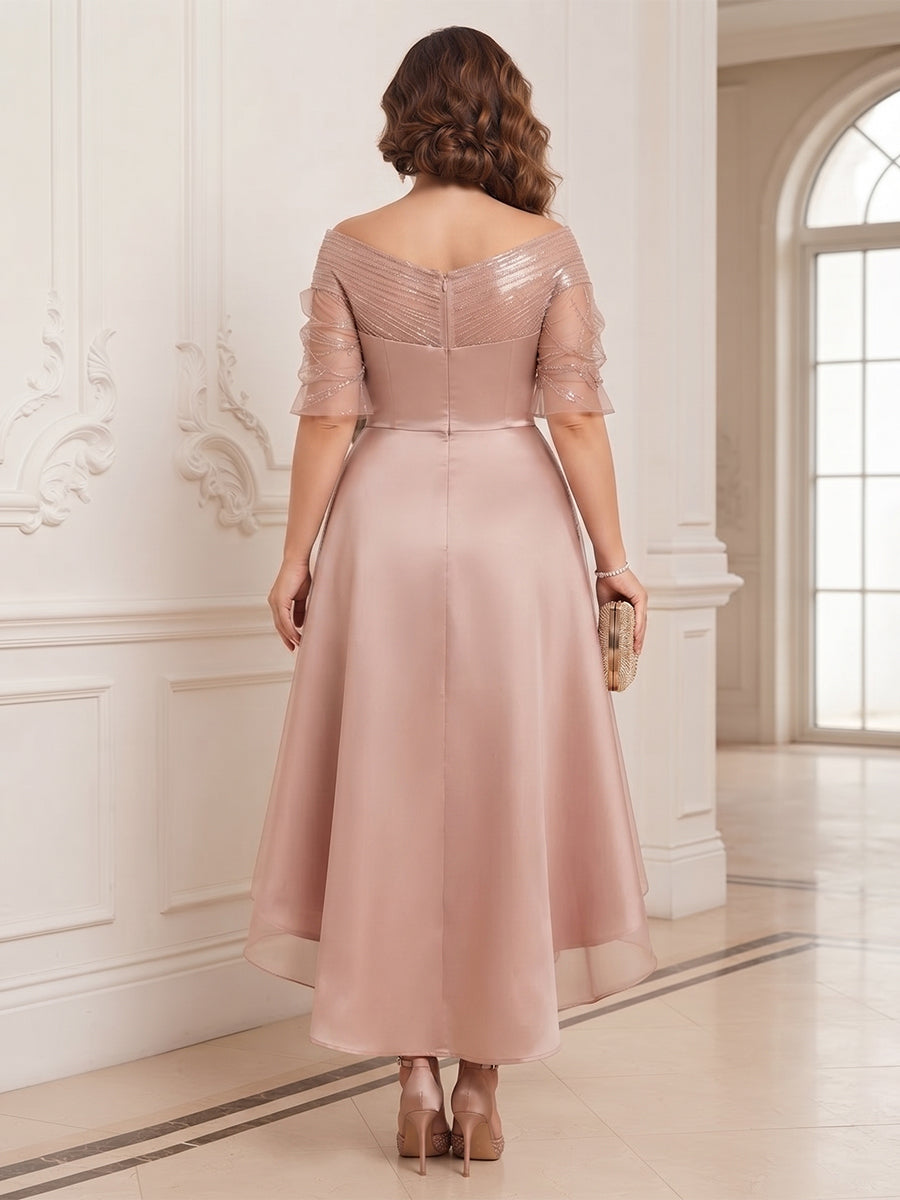 A-Line/Princess V-Neck Half Sleeves Satin Asymmetrical Plus Size Mother of the Bride Dresses with 3D Flower &amp; Sequins