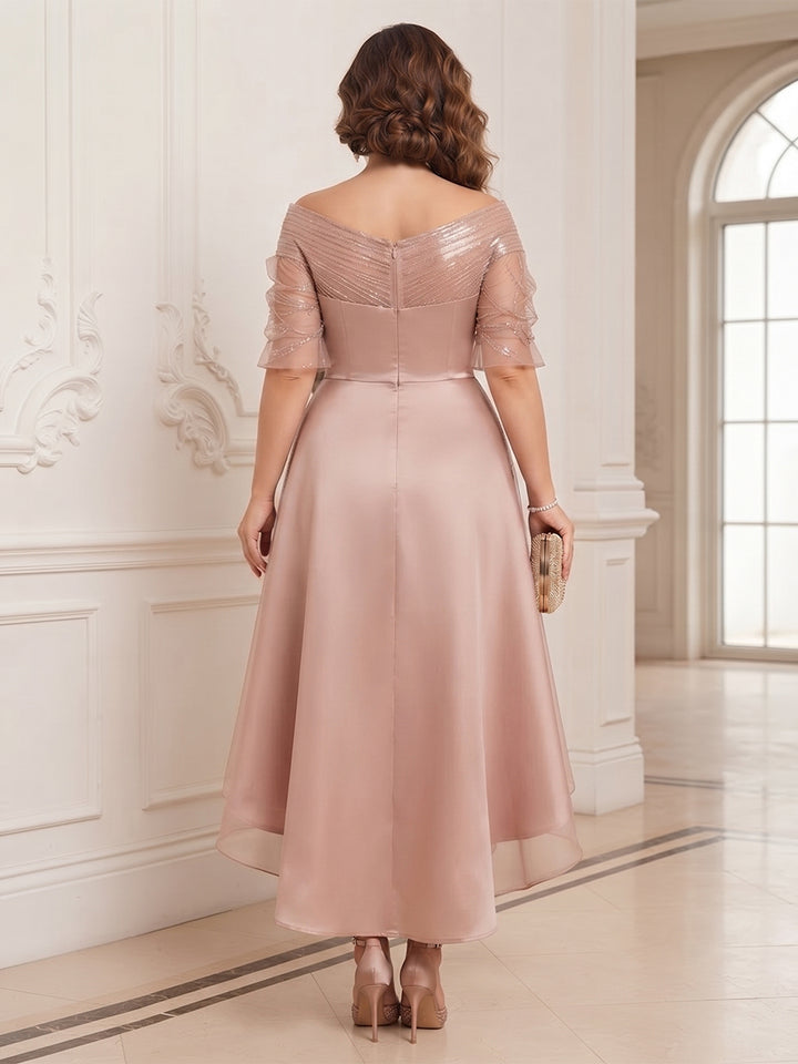 A-Line/Princess V-Neck Half Sleeves Satin Asymmetrical Plus Size Mother of the Bride Dresses with 3D Flower &amp; Sequins