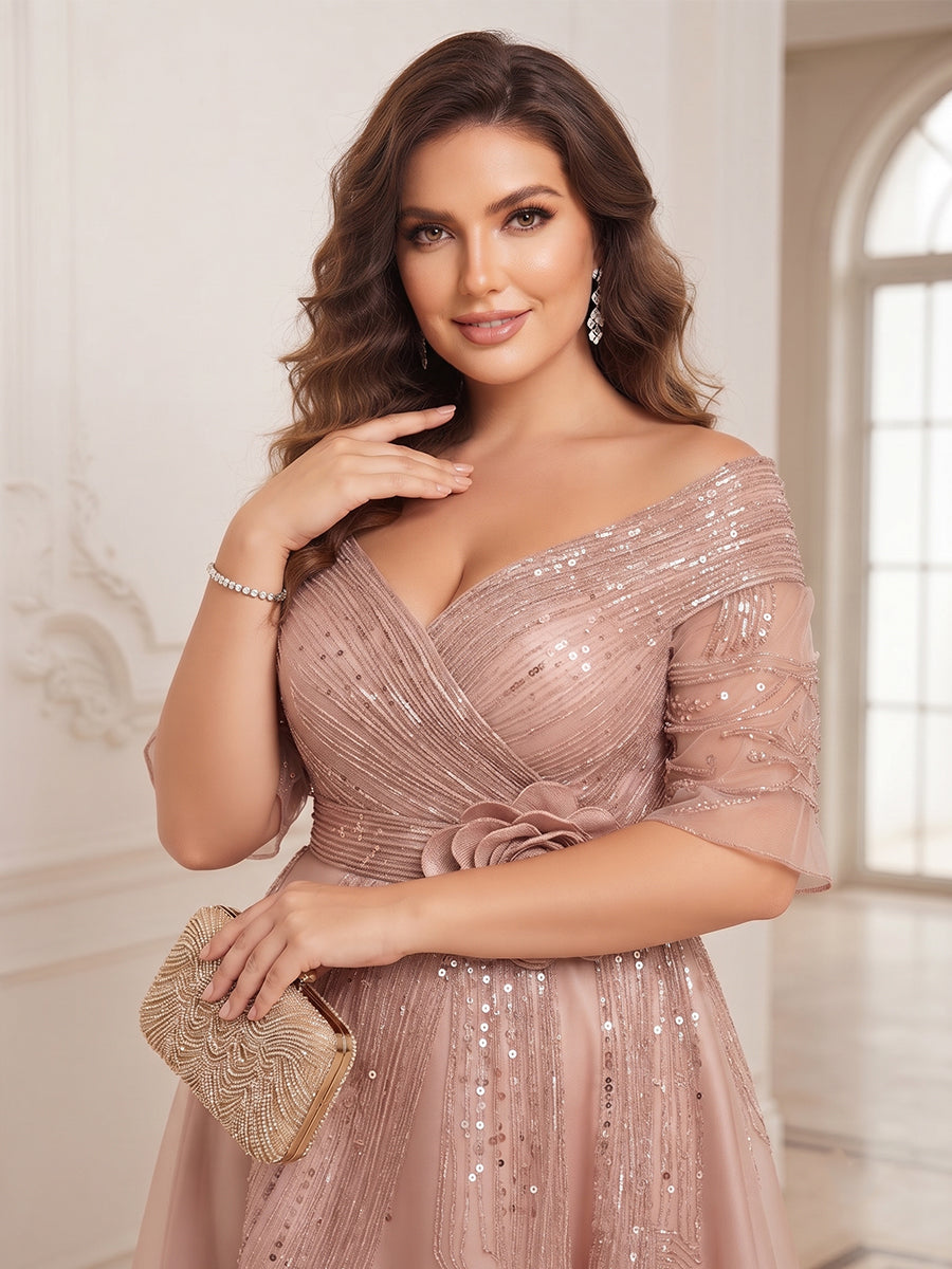 A-Line/Princess V-Neck Half Sleeves Satin Asymmetrical Plus Size Mother of the Bride Dresses with 3D Flower &amp; Sequins