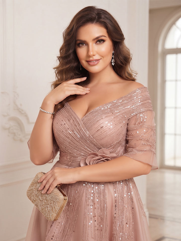 A-Line/Princess V-Neck Half Sleeves Satin Asymmetrical Plus Size Mother of the Bride Dresses with 3D Flower &amp; Sequins
