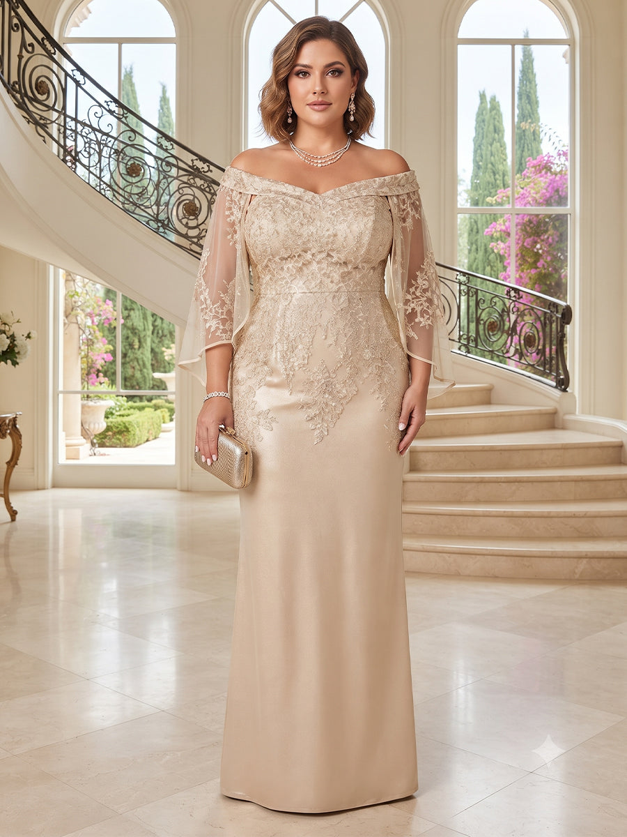 Sheath/Column V-Neck 3/4 Sleeves Satin Floor-Length Plus Size Mother of the Bride Dresses with Applique