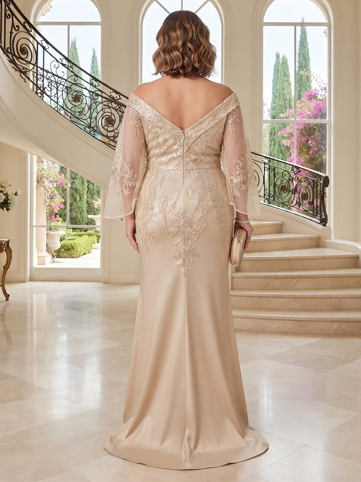 Sheath/Column V-Neck 3/4 Sleeves Satin Floor-Length Plus Size Mother of the Bride Dresses with Applique