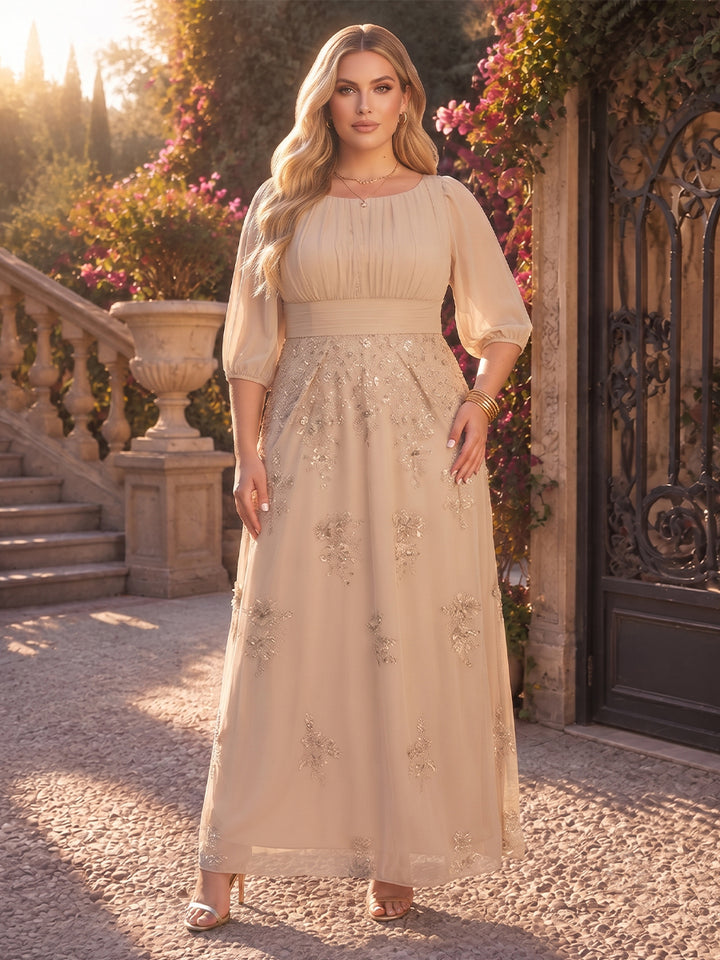 A-Line/Princess Scoop 3/4 Sleeves Chiffon Ankle-Length Plus Size Mother of the Bride Dresses with Applique