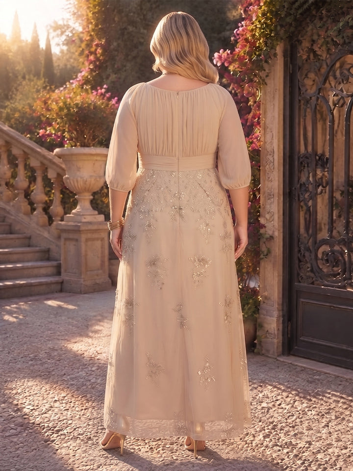 A-Line/Princess Scoop 3/4 Sleeves Chiffon Ankle-Length Plus Size Mother of the Bride Dresses with Applique