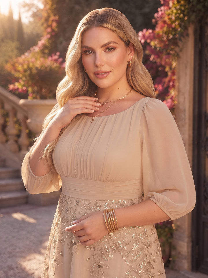 A-Line/Princess Scoop 3/4 Sleeves Chiffon Ankle-Length Plus Size Mother of the Bride Dresses with Applique