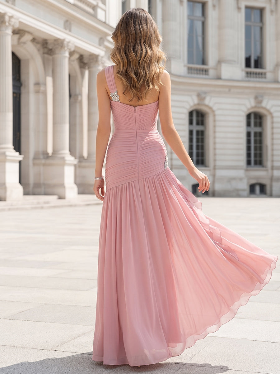 Sheath/Column One-Shoulder Sleeveless Chiffon Floor-Length Bridesmaid Dresses with Beading
