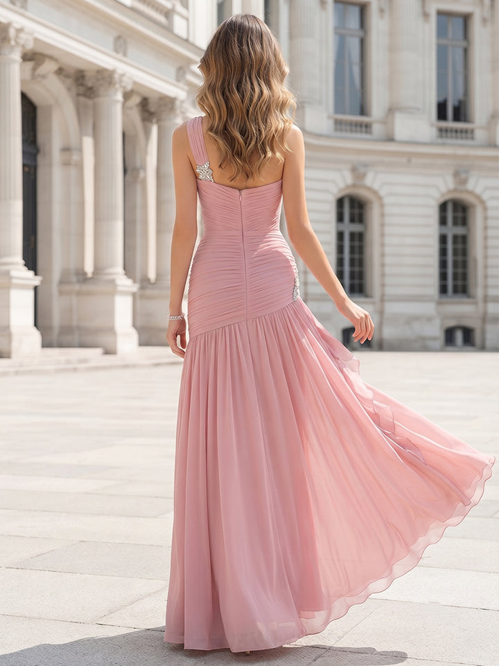 Sheath/Column One-Shoulder Sleeveless Chiffon Floor-Length Bridesmaid Dresses with Beading
