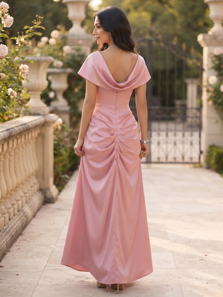 A-Line/Princess Scoop Short Sleeves Satin Floor-Length Bridesmaid Dresses with 3D Flower