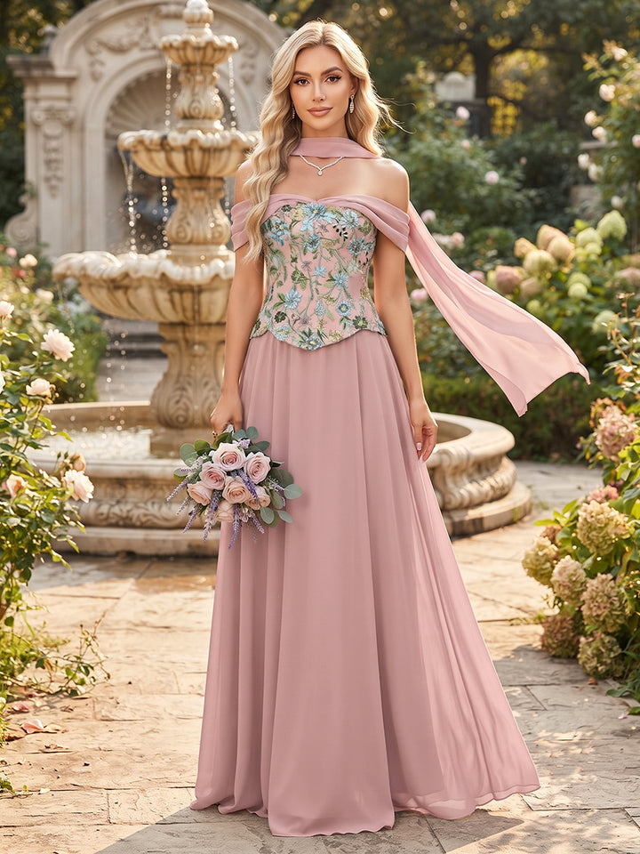 A-Line/Princess Off-the-Shoulder Sleeveless Chiffon Floor-Length Bridesmaid Dresses with Applique