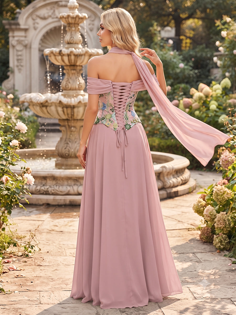 A-Line/Princess Off-the-Shoulder Sleeveless Chiffon Floor-Length Bridesmaid Dresses with Applique
