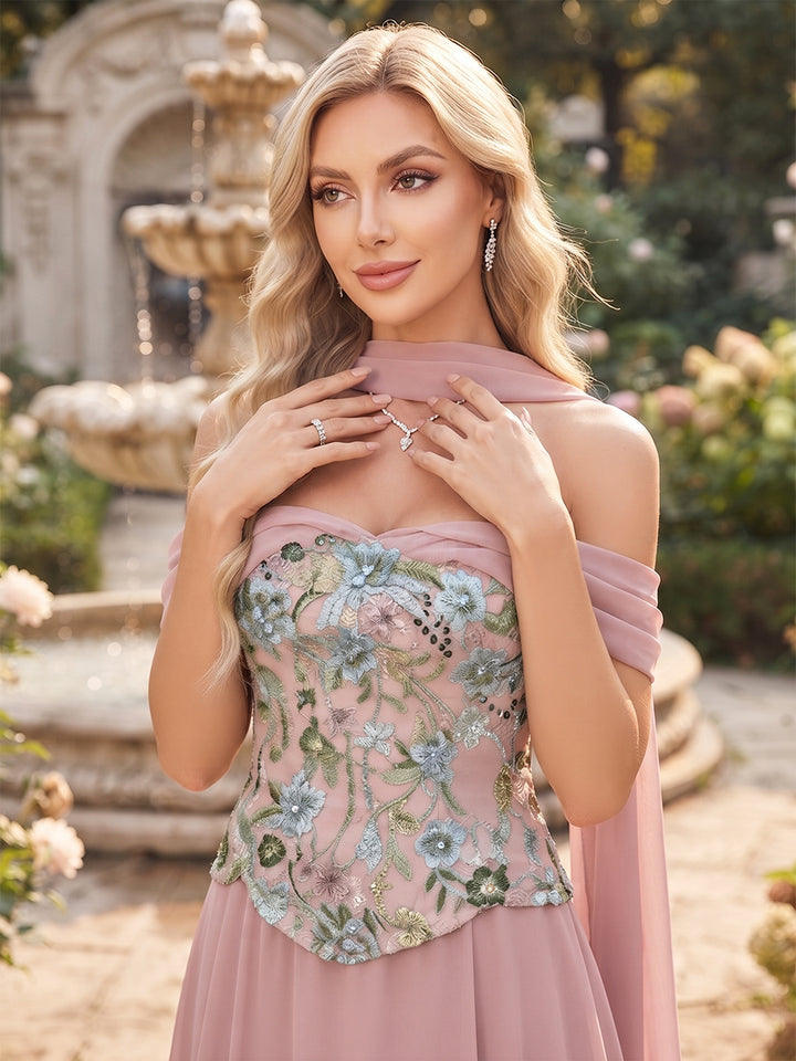 A-Line/Princess Off-the-Shoulder Sleeveless Chiffon Floor-Length Bridesmaid Dresses with Applique