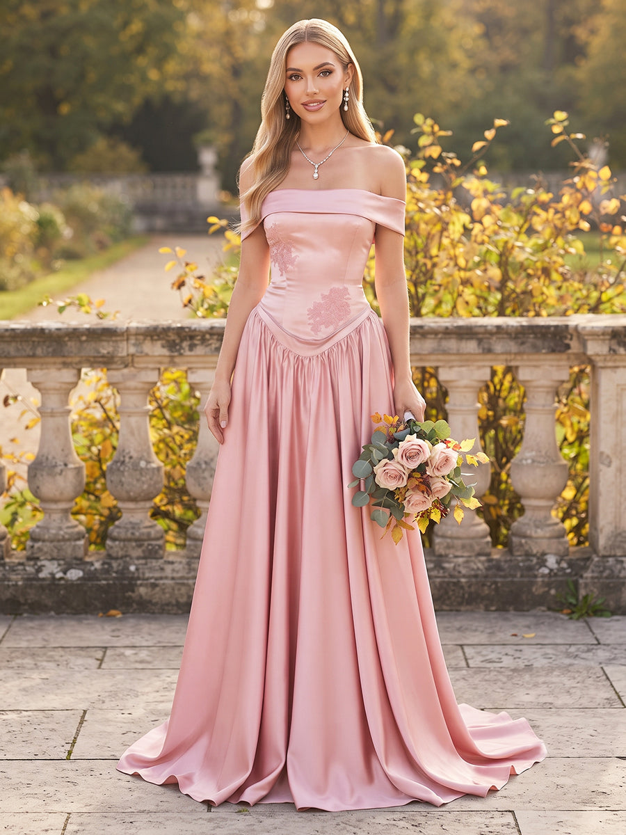 A-Line/Princess Off-the-Shoulder Sleeveless Satin Floor-Length Bridesmaid Dresses with Embroidery