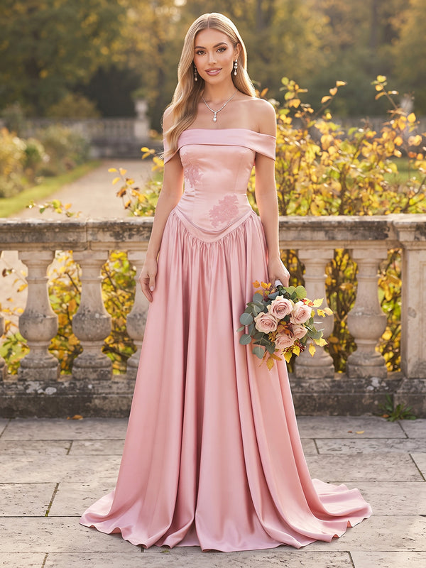 A-Line/Princess Off-the-Shoulder Sleeveless Satin Floor-Length Bridesmaid Dresses with Embroidery