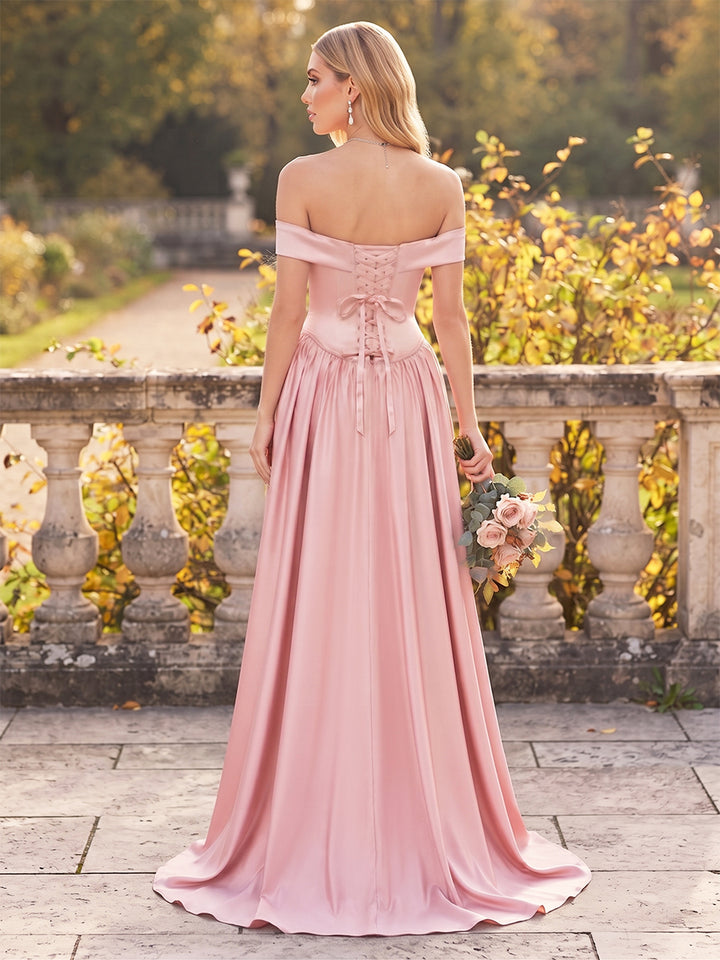 A-Line/Princess Off-the-Shoulder Sleeveless Satin Floor-Length Bridesmaid Dresses with Embroidery