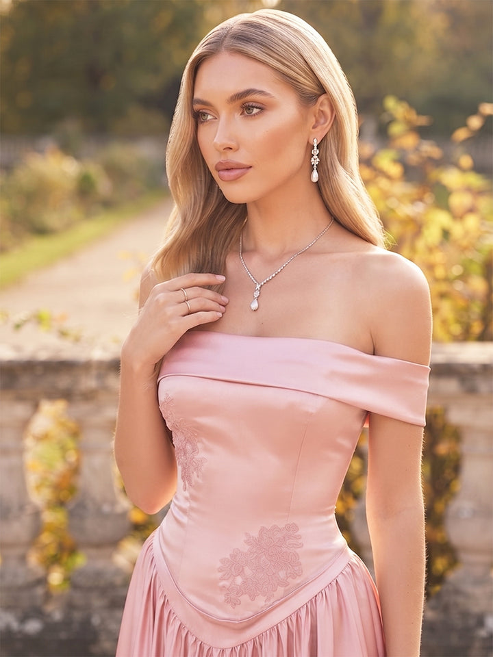 A-Line/Princess Off-the-Shoulder Sleeveless Satin Floor-Length Bridesmaid Dresses with Embroidery