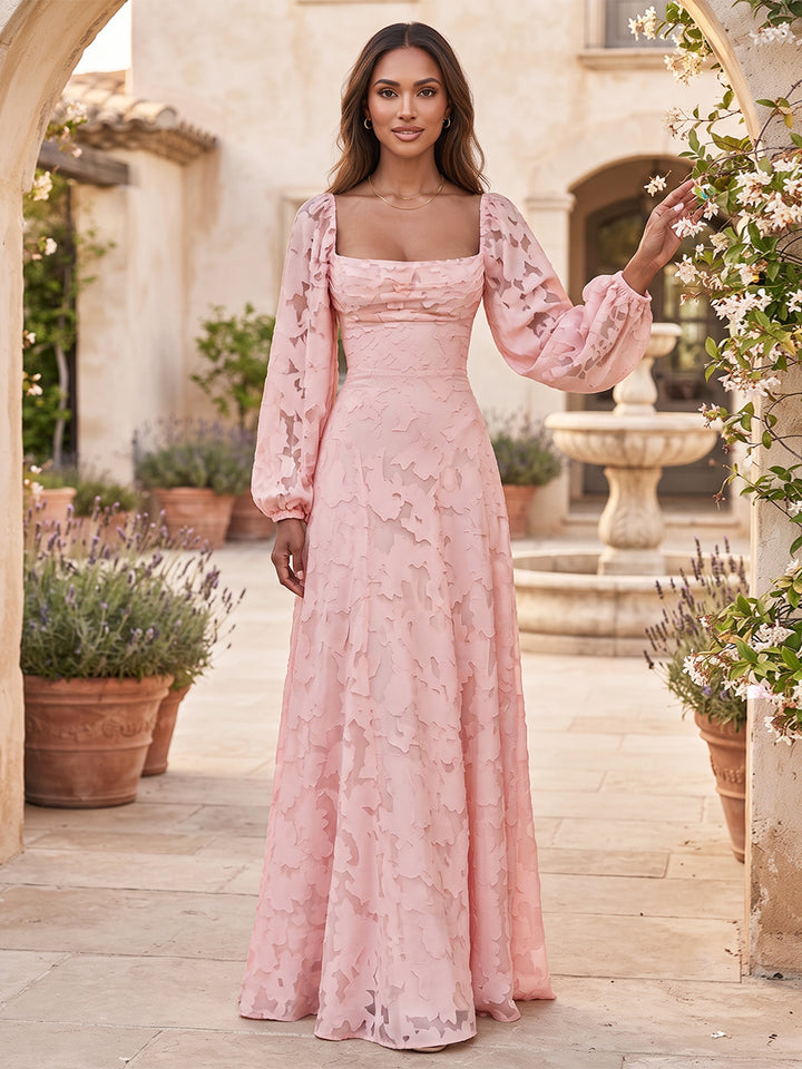 A-Line/Princess Square Neck Long Sleeves Chiffon Floor-Length Bridesmaid Dresses with Applique