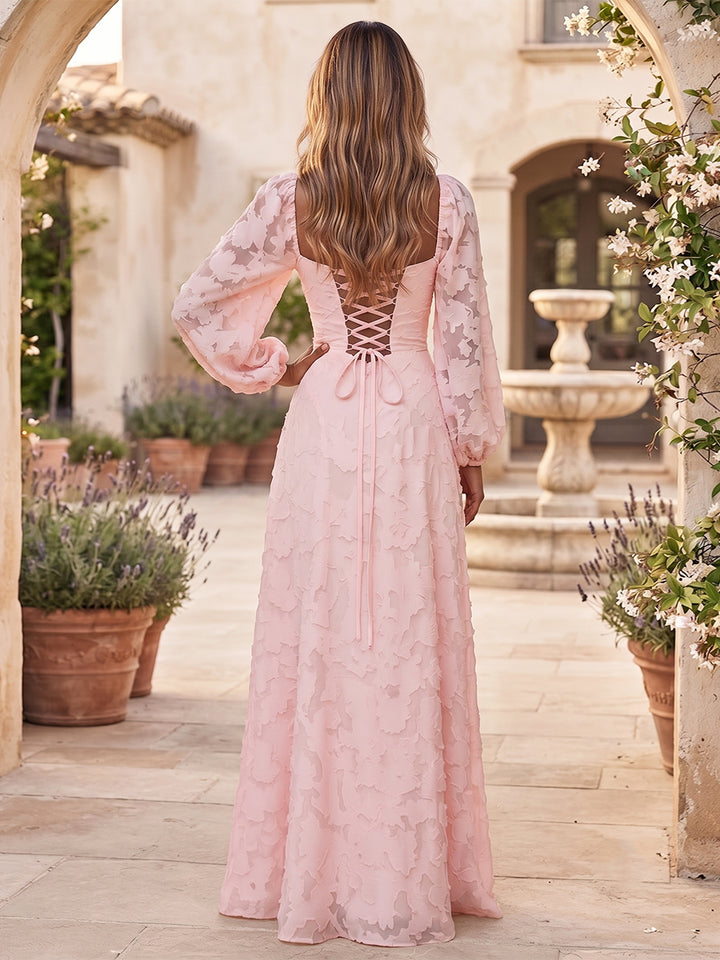 A-Line/Princess Square Neck Long Sleeves Chiffon Floor-Length Bridesmaid Dresses with Applique