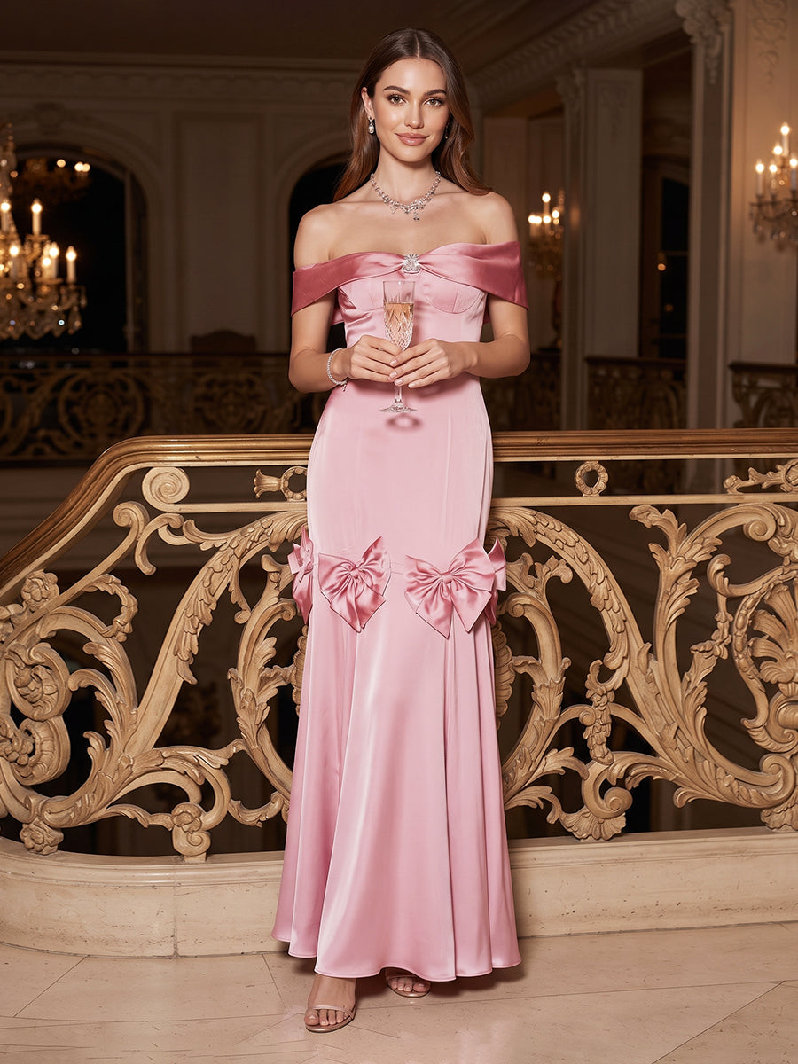 Sheath/Column  Off-the-Shoulder  Sleeveless  Silk Satin  Floor-Length  Evening Dresses  with Bowknots