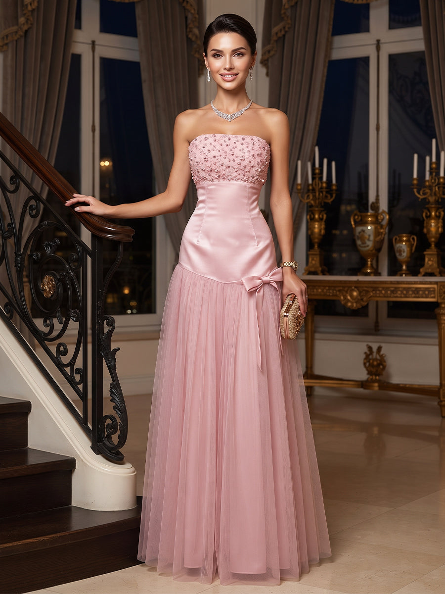 A-Line/Princess  Strapless  Sleeveless  Tulle  Floor-Length  Evening Dresses  with Beading &amp; Bowknot
