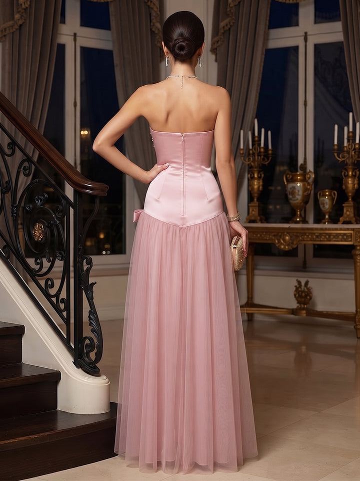 A-Line/Princess  Strapless  Sleeveless  Tulle  Floor-Length  Evening Dresses  with Beading &amp; Bowknot