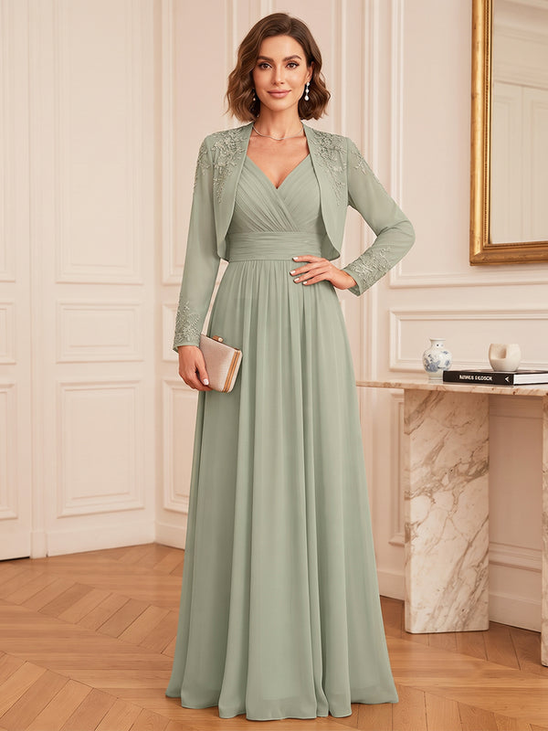 A-Line/Princess  V-Neck  Long Sleeves  Chiffon  Floor-Length  Mother of the Bride Dresses  with Lace