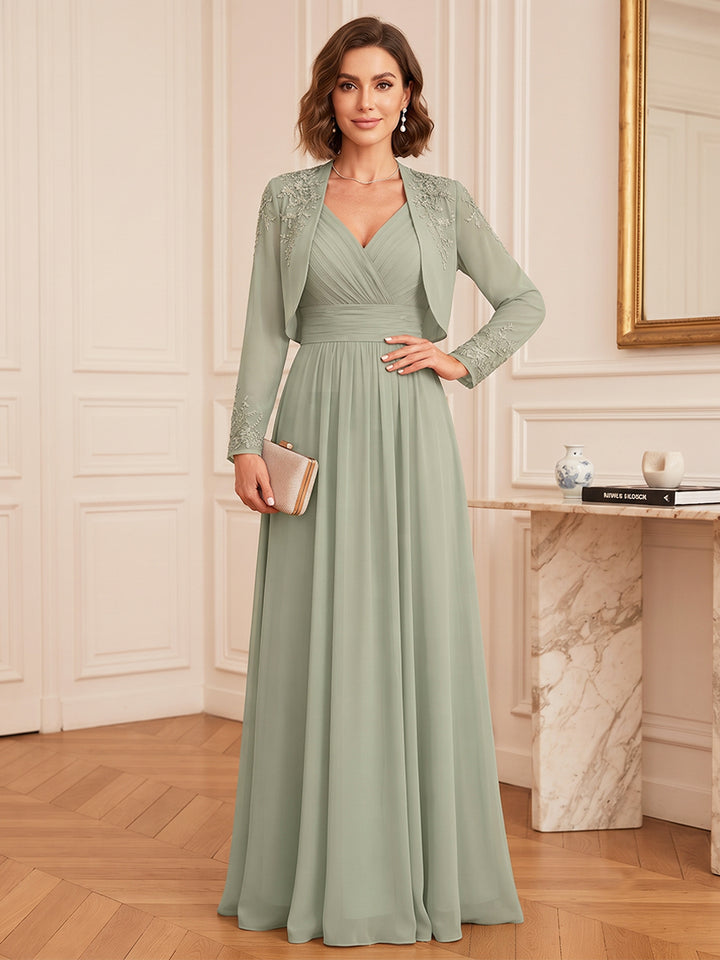 A-Line/Princess  V-Neck  Long Sleeves  Chiffon  Floor-Length  Mother of the Bride Dresses  with Lace