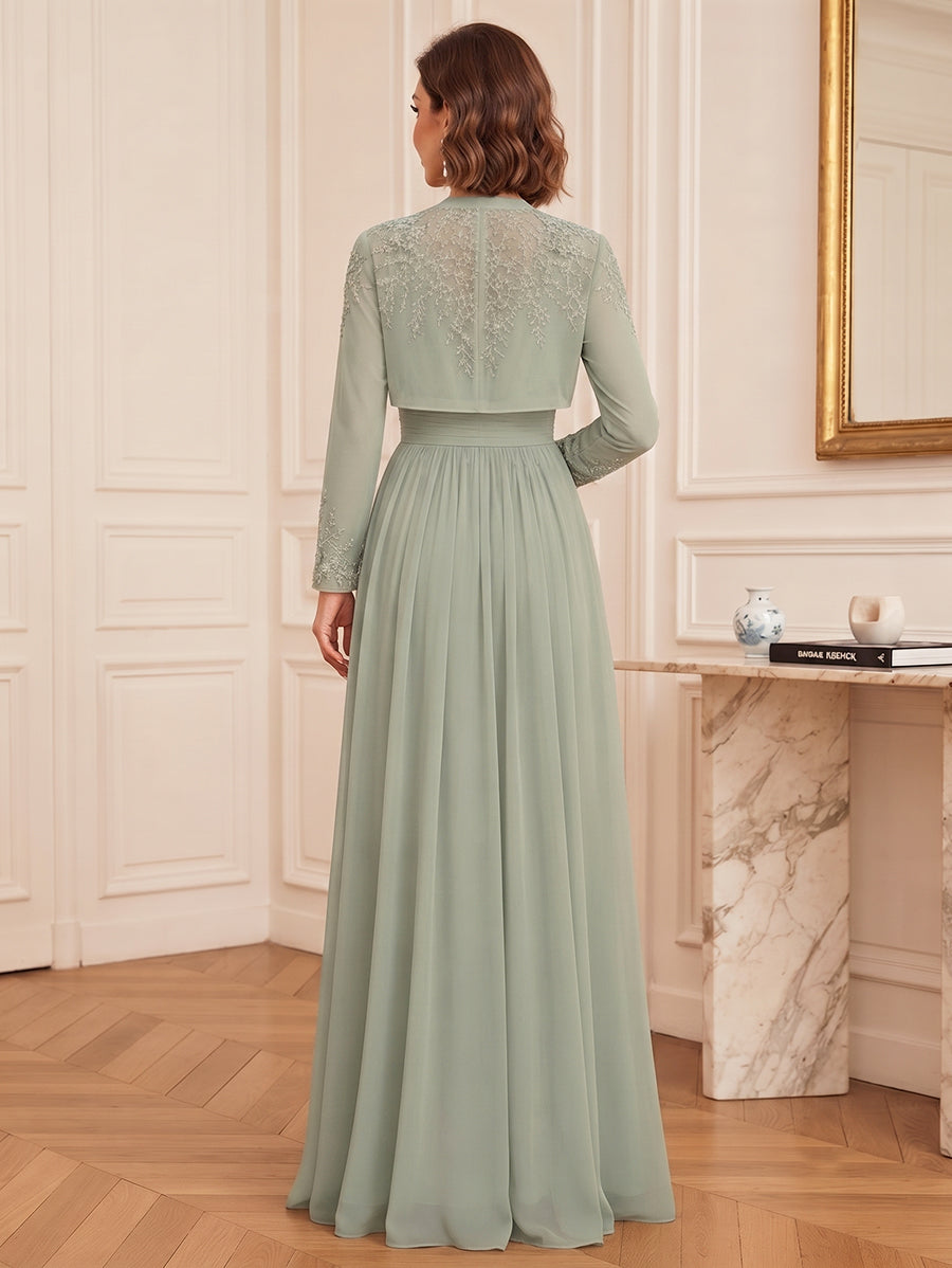 A-Line/Princess  V-Neck  Long Sleeves  Chiffon  Floor-Length  Mother of the Bride Dresses  with Lace