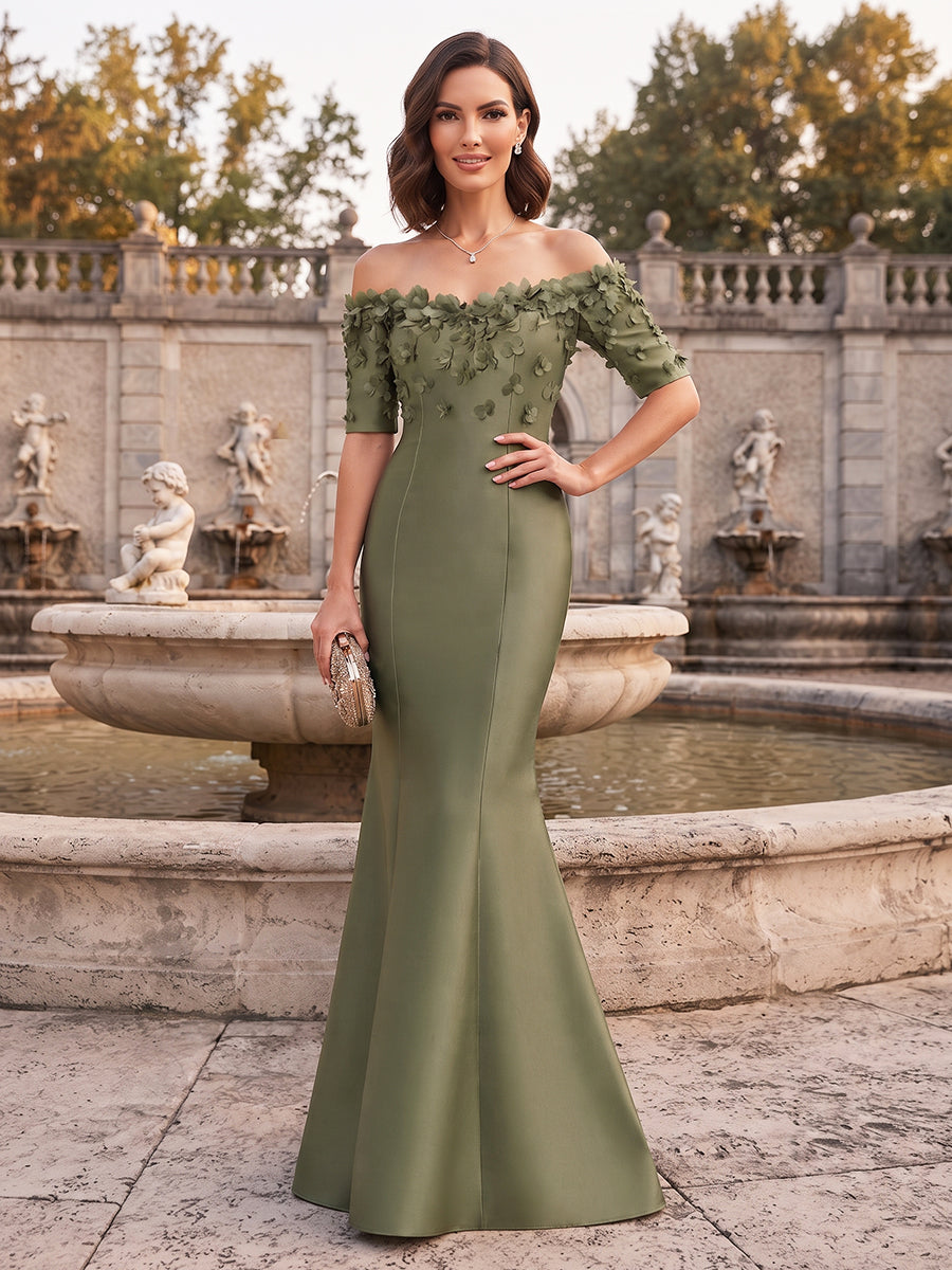 Trumpet/Mermaid  Off-the-Shoulder  Half Sleeves  Satin  Floor-Length  Mother of the Bride Dresses  with 3D Flower