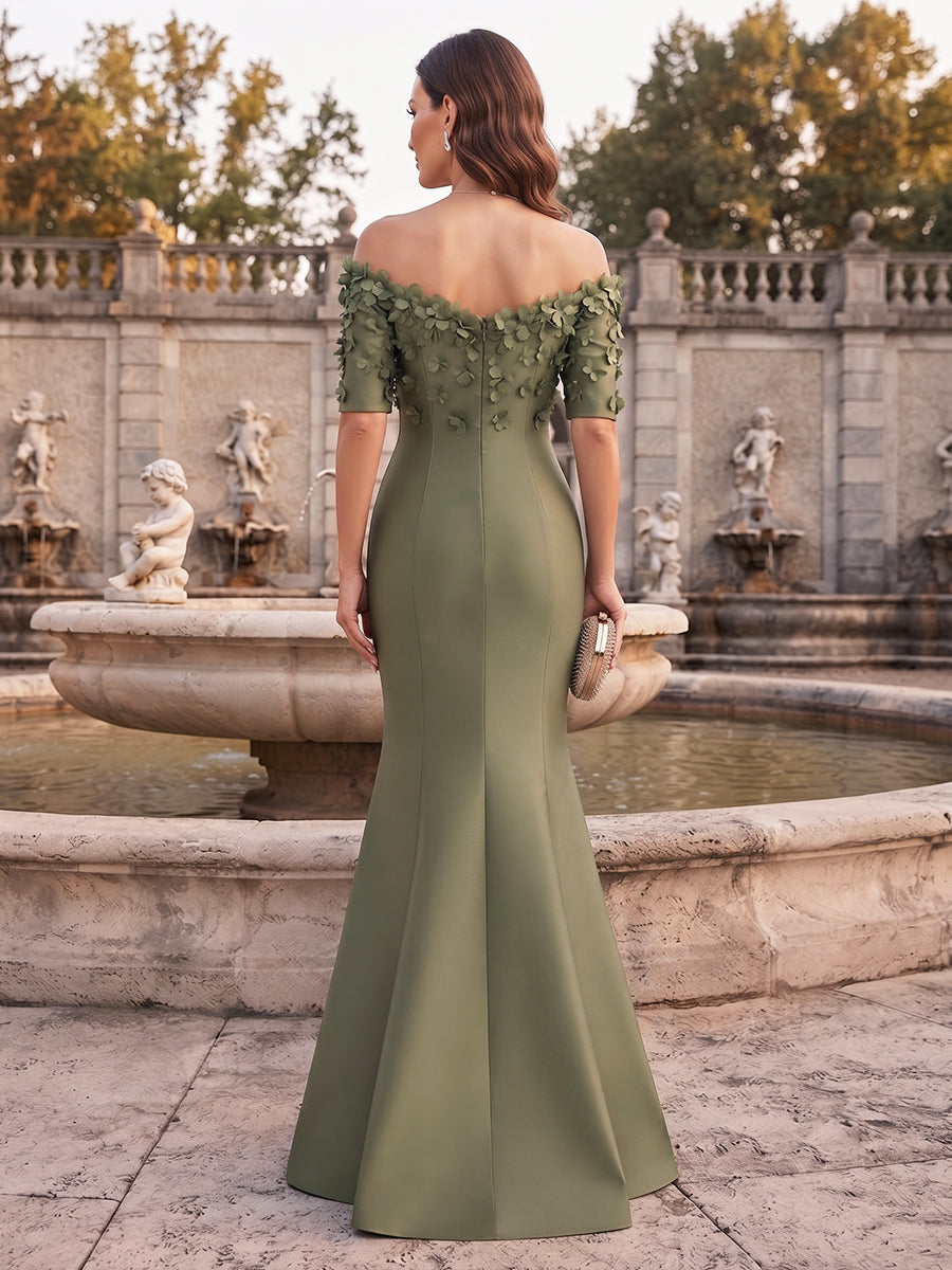 Trumpet/Mermaid  Off-the-Shoulder  Half Sleeves  Satin  Floor-Length  Mother of the Bride Dresses  with 3D Flower