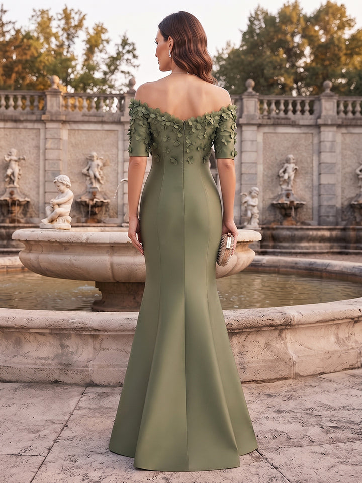 Trumpet/Mermaid  Off-the-Shoulder  Half Sleeves  Satin  Floor-Length  Mother of the Bride Dresses  with 3D Flower