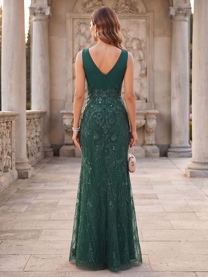 A-Line/Princess  V-Neck  Sleeveless  Tulle  Floor-Length  Mother of the Bride Dresses  with Sequins &amp; Appliques