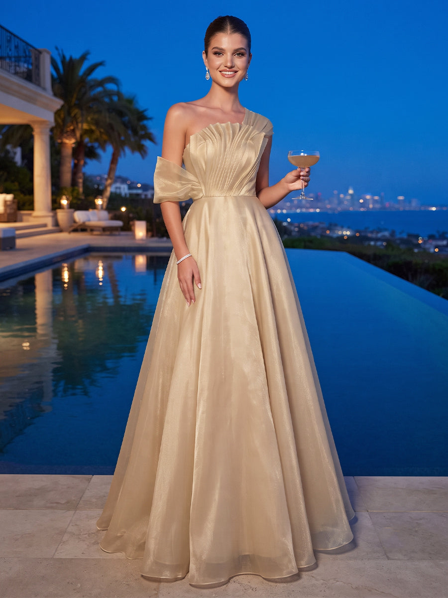 A-Line/Princess Strapless Sleeveless Organza Floor-Length Evening Dresses with Pleats