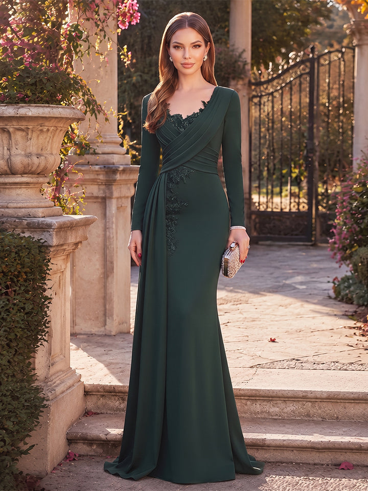 Trumpet/Mermaid Scoop Long Sleeves Satin Sweep Train/Brush Train Mother of the Bride Dresses with Applique