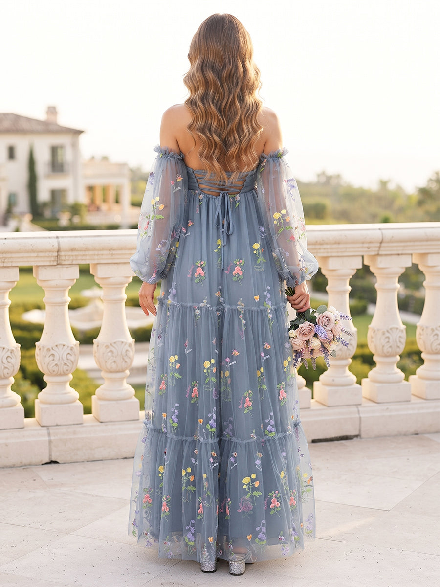 A-Line/Princess Off-the-Shoulder Long Sleeves Tulle Floor-Length Maternity Bridesmaid Dresses with Embroidery