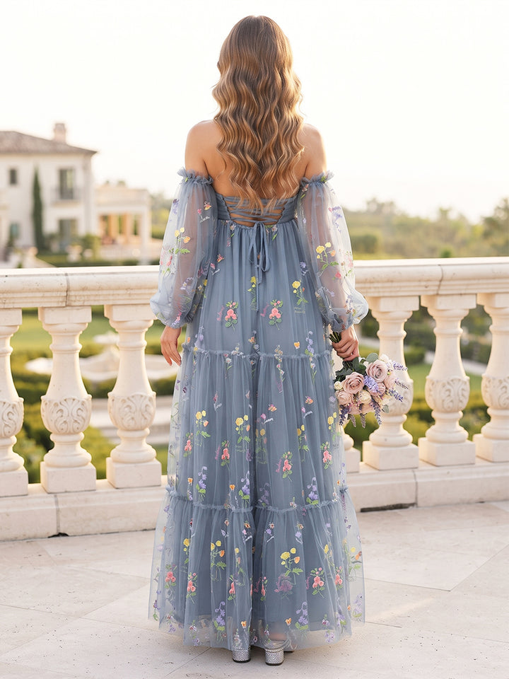 A-Line/Princess Off-the-Shoulder Long Sleeves Tulle Floor-Length Maternity Bridesmaid Dresses with Embroidery