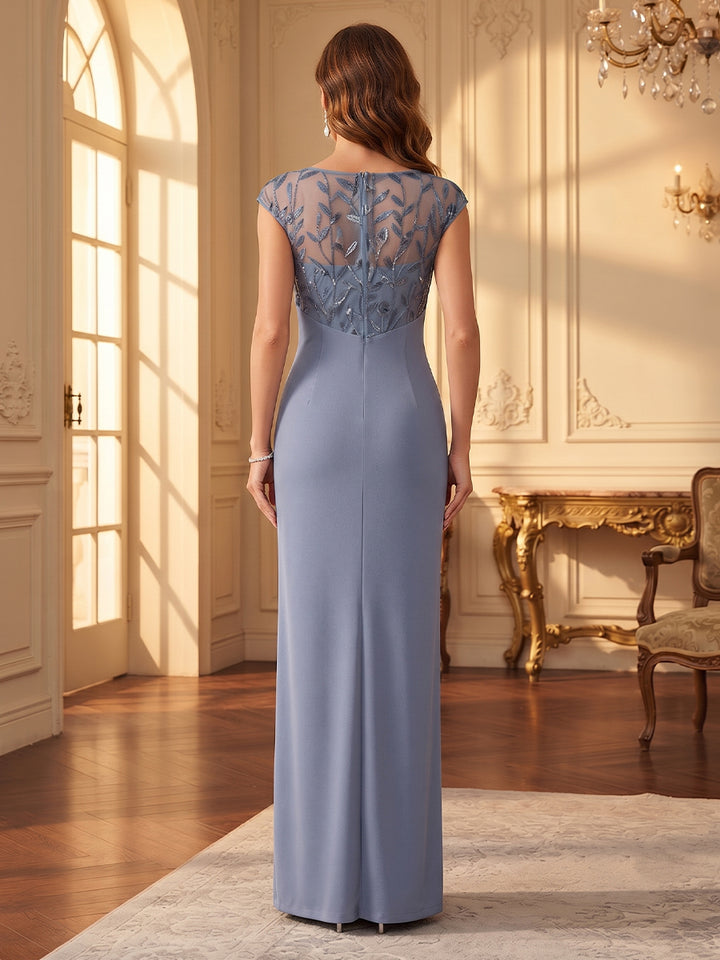 Sheath/Column V-Neck Short Sleeves Chiffon Ankle-Length Mother of the Bride Dresses with Applique &amp; Split Side