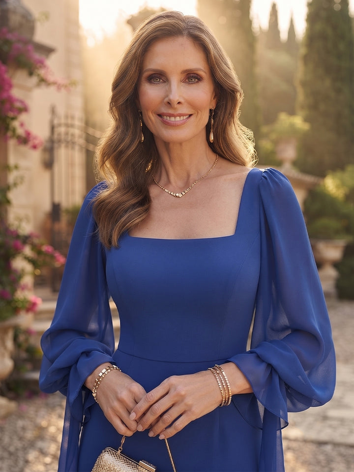 Sheath/Column Square Neck Long Sleeves Chiffon Floor-Length Mother of the Bride Dresses with Ruffles