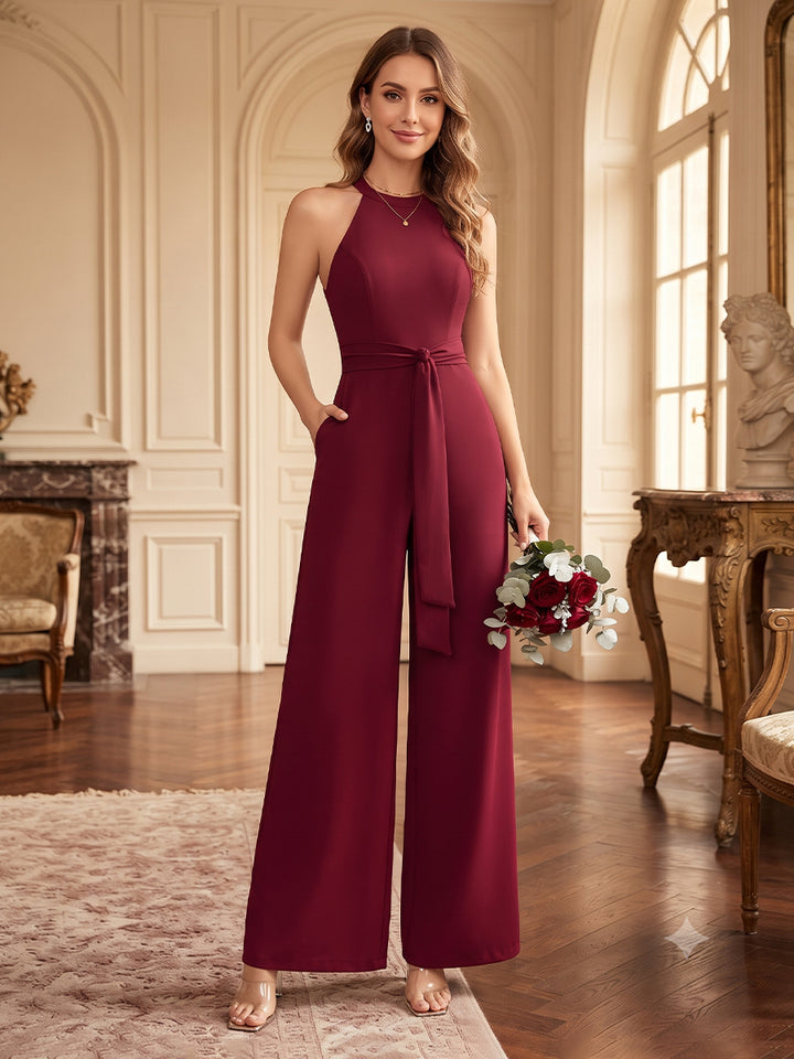 Jumpsuits Halter Sleeveless Stretch Satin Floor-Length Bridesmaid Dresses with Belt