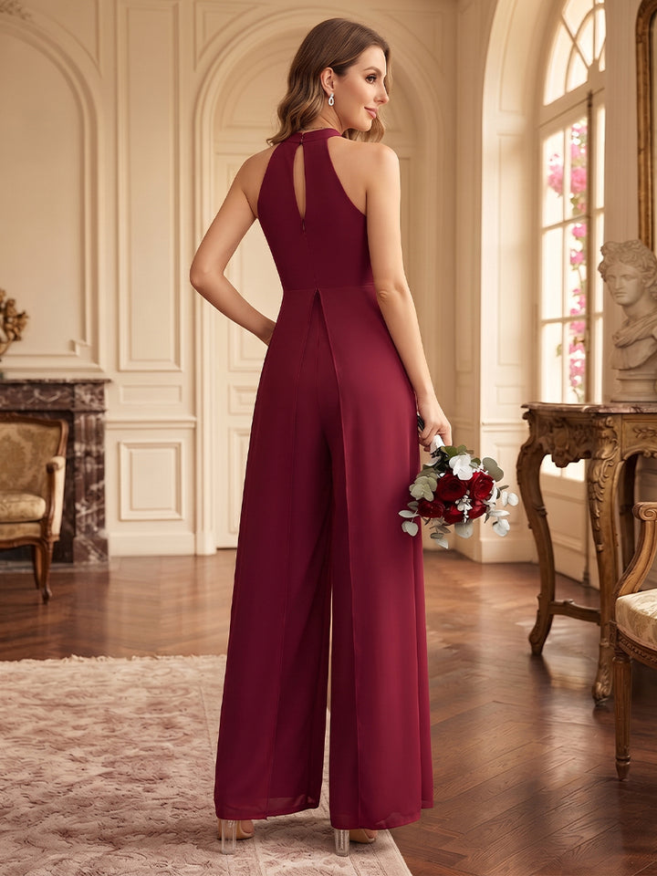 Jumpsuits Halter Sleeveless Stretch Satin Floor-Length Bridesmaid Dresses with Belt