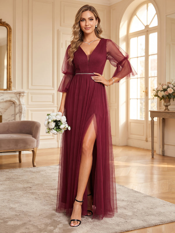 A-Line/Princess V-Neck 3/4 Sleeves Tulle Floor-Length Bridesmaid Dresses with Belt & Split Side