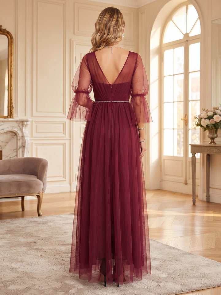 A-Line/Princess V-Neck 3/4 Sleeves Tulle Floor-Length Bridesmaid Dresses with Belt &amp; Split Side