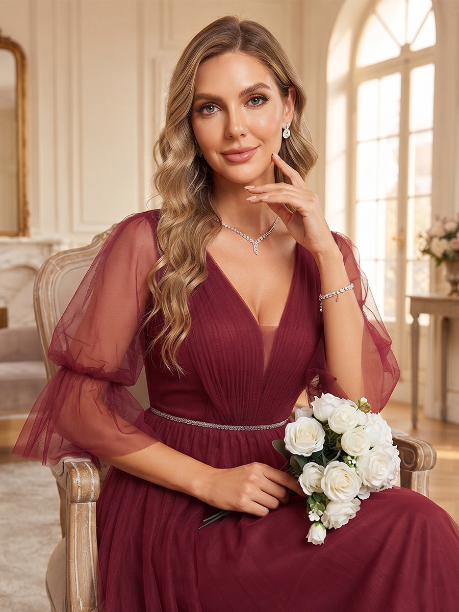 A-Line/Princess V-Neck 3/4 Sleeves Tulle Floor-Length Bridesmaid Dresses with Belt &amp; Split Side