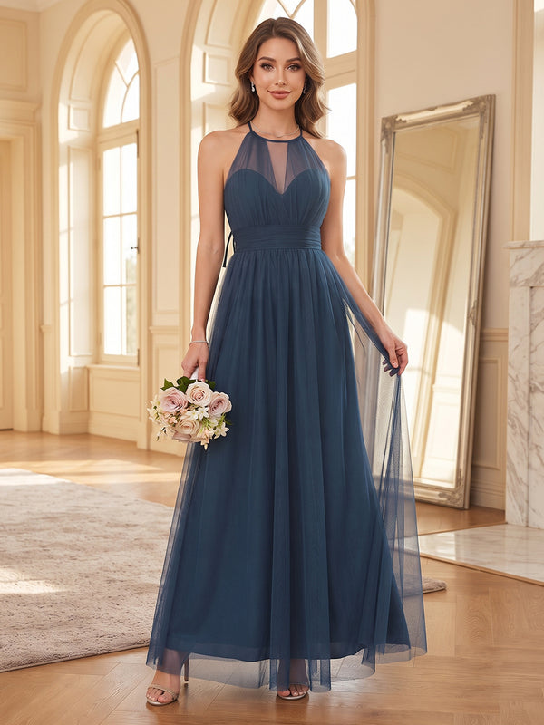 A-Line/Princess Halter Sleeveless Tulle Ankle-Length Bridesmaid Dresses with Pleats