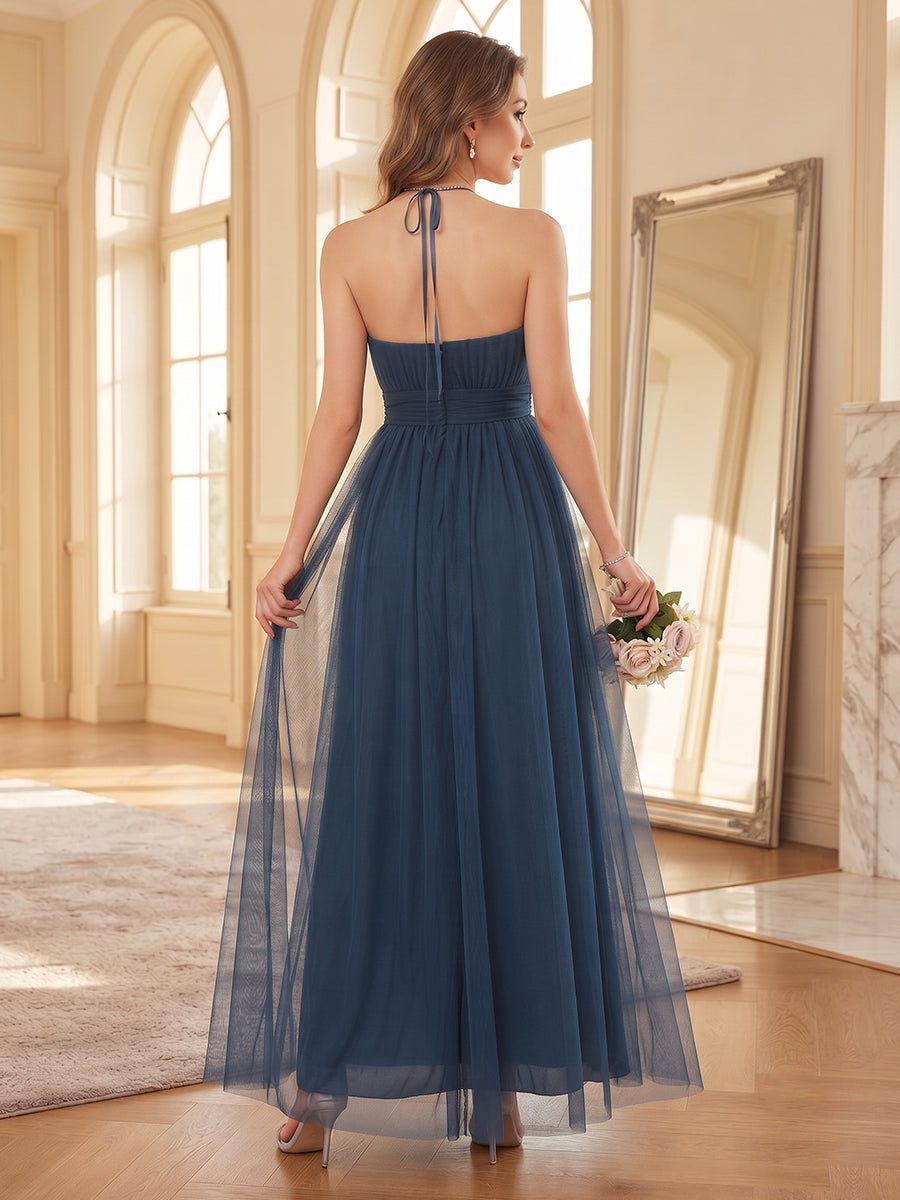 A-Line/Princess Halter Sleeveless Tulle Ankle-Length Bridesmaid Dresses with Pleats