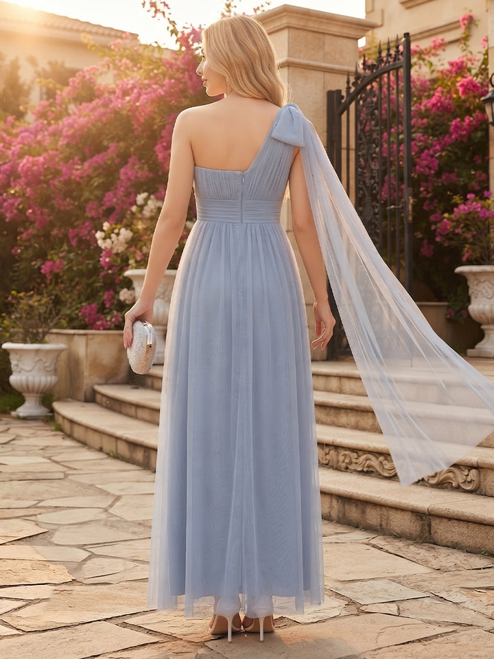 A-Line/Princess One-Shoulder Sleeveless Tulle Ankle-Length Bridesmaid Dresses with Bowknot&amp;Ruffles