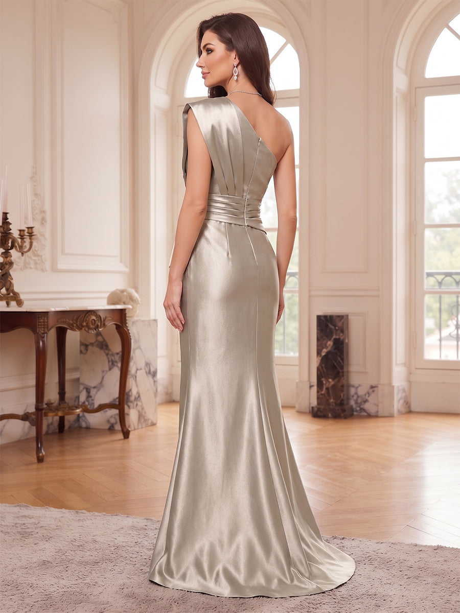 Trumpet/Mermaid One-Shoulder Sleeveless Satin Floor-Length Mother of the Bride Dresses with Applique&amp;Ruched