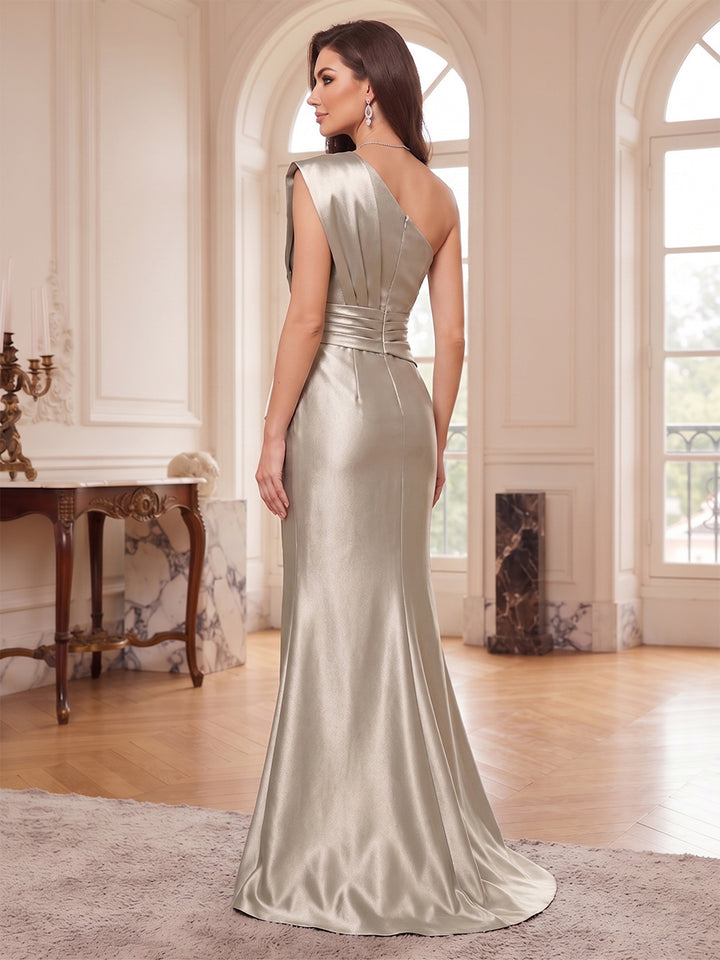 Trumpet/Mermaid One-Shoulder Sleeveless Satin Floor-Length Mother of the Bride Dresses with Applique&amp;Ruched